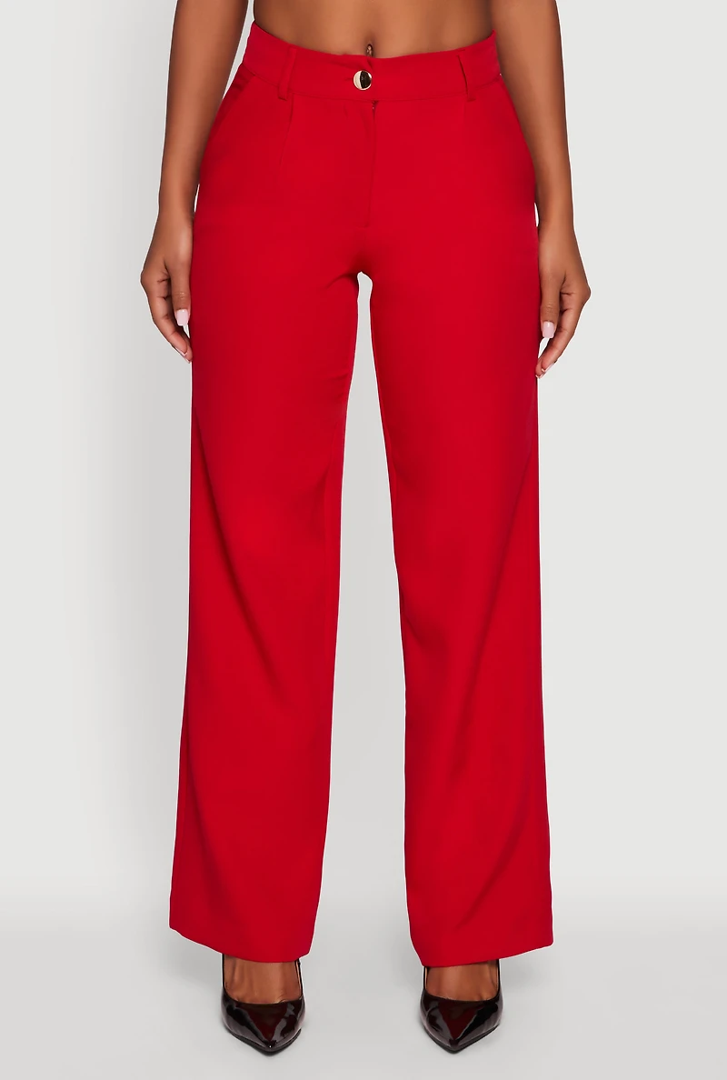 Womens Crepe Knit Pleated Wide Leg Dress Pants, Red, Size L