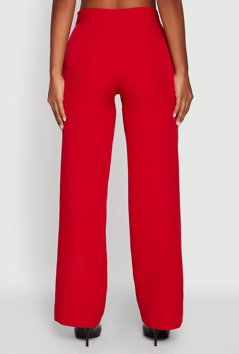 Womens Crepe Knit Pleated Wide Leg Dress Pants, Red, Size L