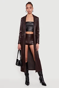 Faux Leather Open Front Coat