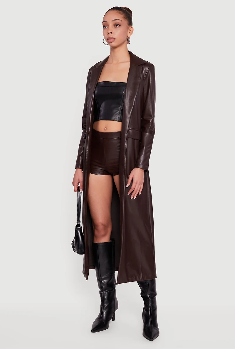 Faux Leather Open Front Coat