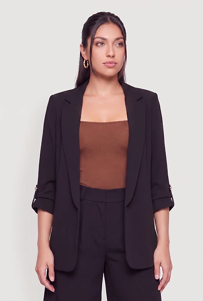 Crepe Knit Open Front Tab Sleeve Blazer