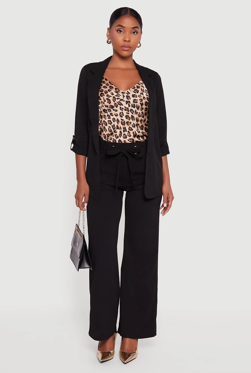 Crepe Knit Faux Drawstring Detail Wide Leg Pants