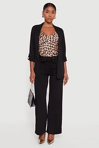 Crepe Knit Faux Drawstring Detail Wide Leg Pants