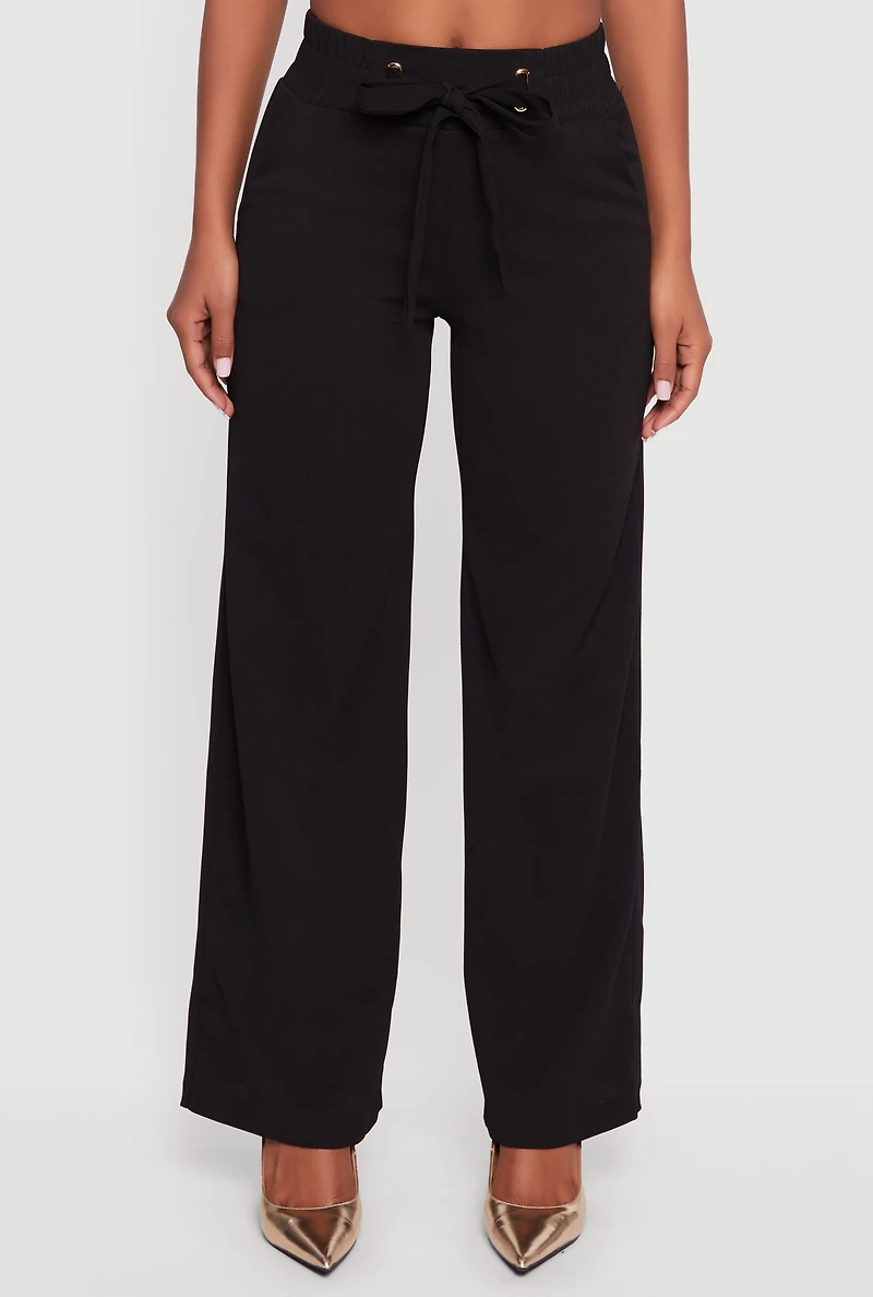 Womens Crepe Knit Drawstring Detail Wide Leg Pants,