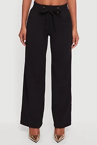 Womens Crepe Knit Drawstring Detail Wide Leg Pants,