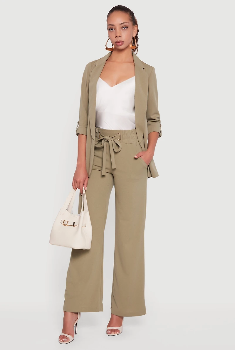 Womens Crepe Knit Drawstring Detail Wide Leg Pants, Green,