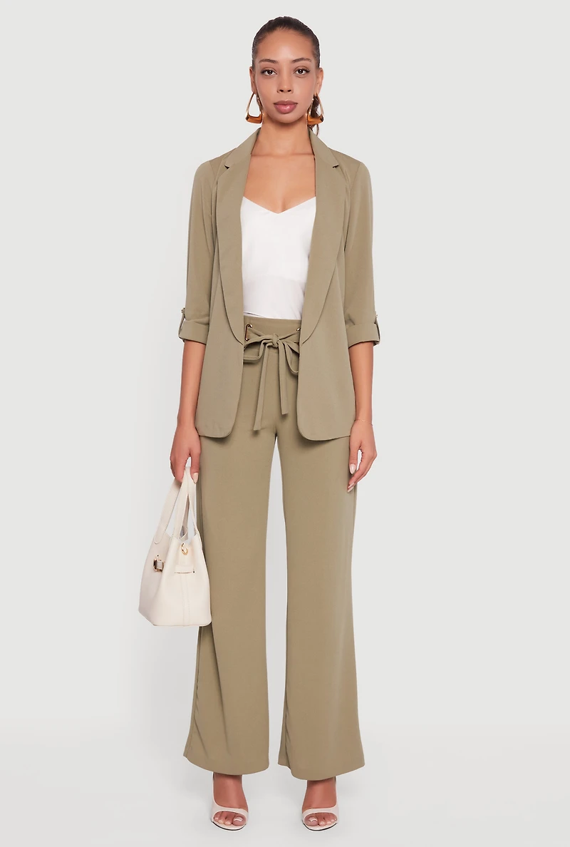 Womens Crepe Knit Drawstring Detail Wide Leg Pants, Green,