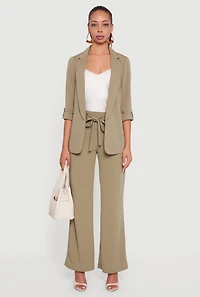 Womens Crepe Knit Drawstring Detail Wide Leg Pants, Green,
