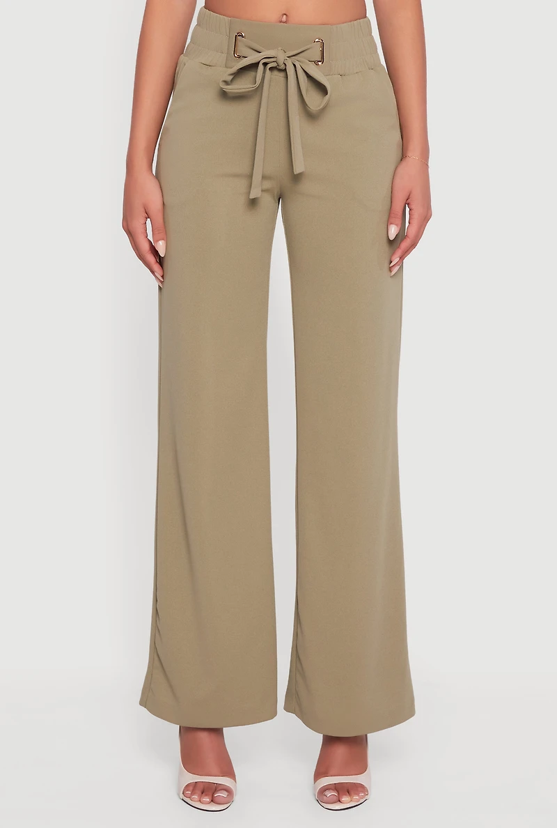 Crepe Knit Faux Drawstring Detail Wide Leg Pants