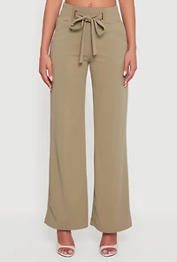 Crepe Knit Faux Drawstring Detail Wide Leg Pants