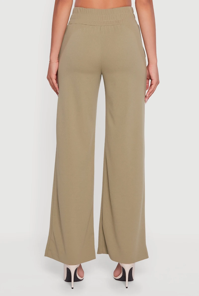 Womens Crepe Knit Drawstring Detail Wide Leg Pants, Green,