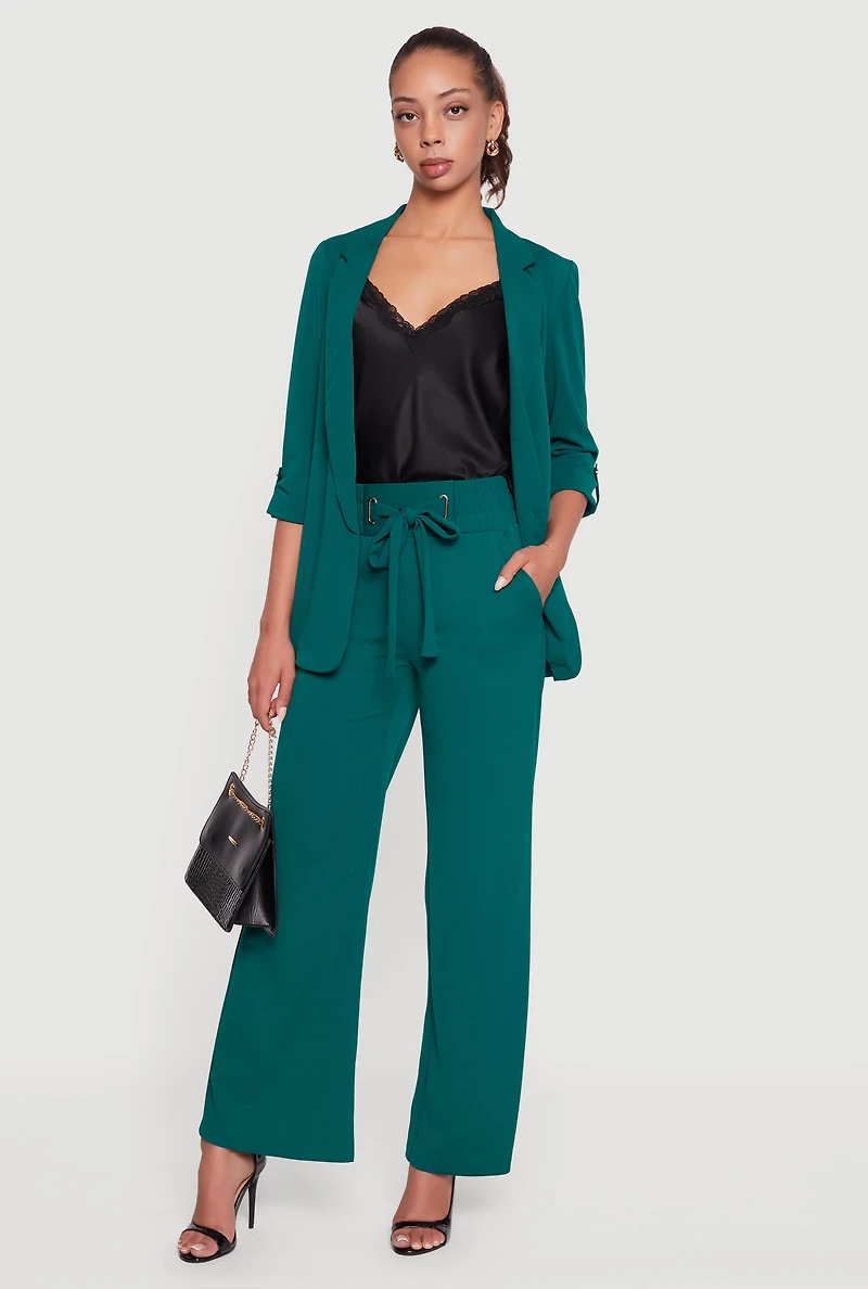 Womens Crepe Knit Drawstring Detail Wide Leg Pants, Green,