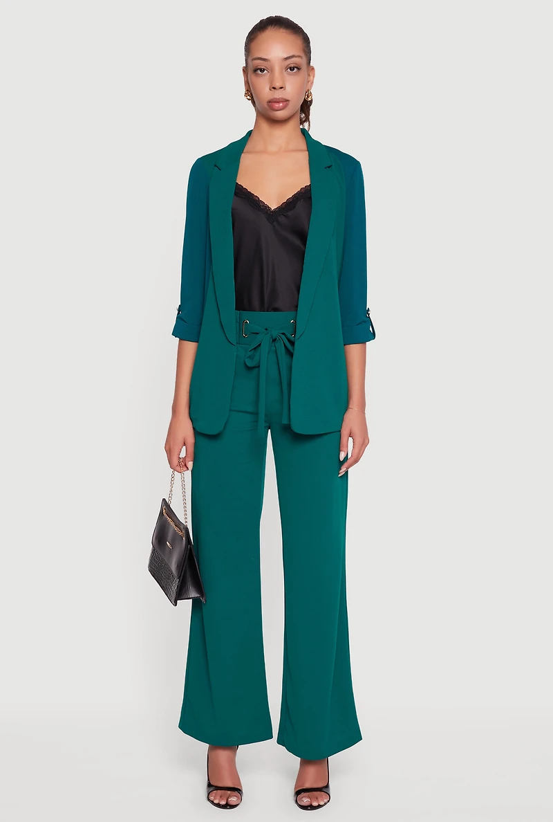 Womens Crepe Knit Drawstring Detail Wide Leg Pants, Green,