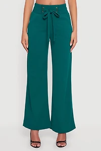 Womens Crepe Knit Drawstring Detail Wide Leg Pants, Green,
