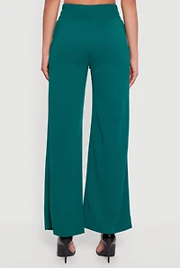 Womens Crepe Knit Drawstring Detail Wide Leg Pants, Green,