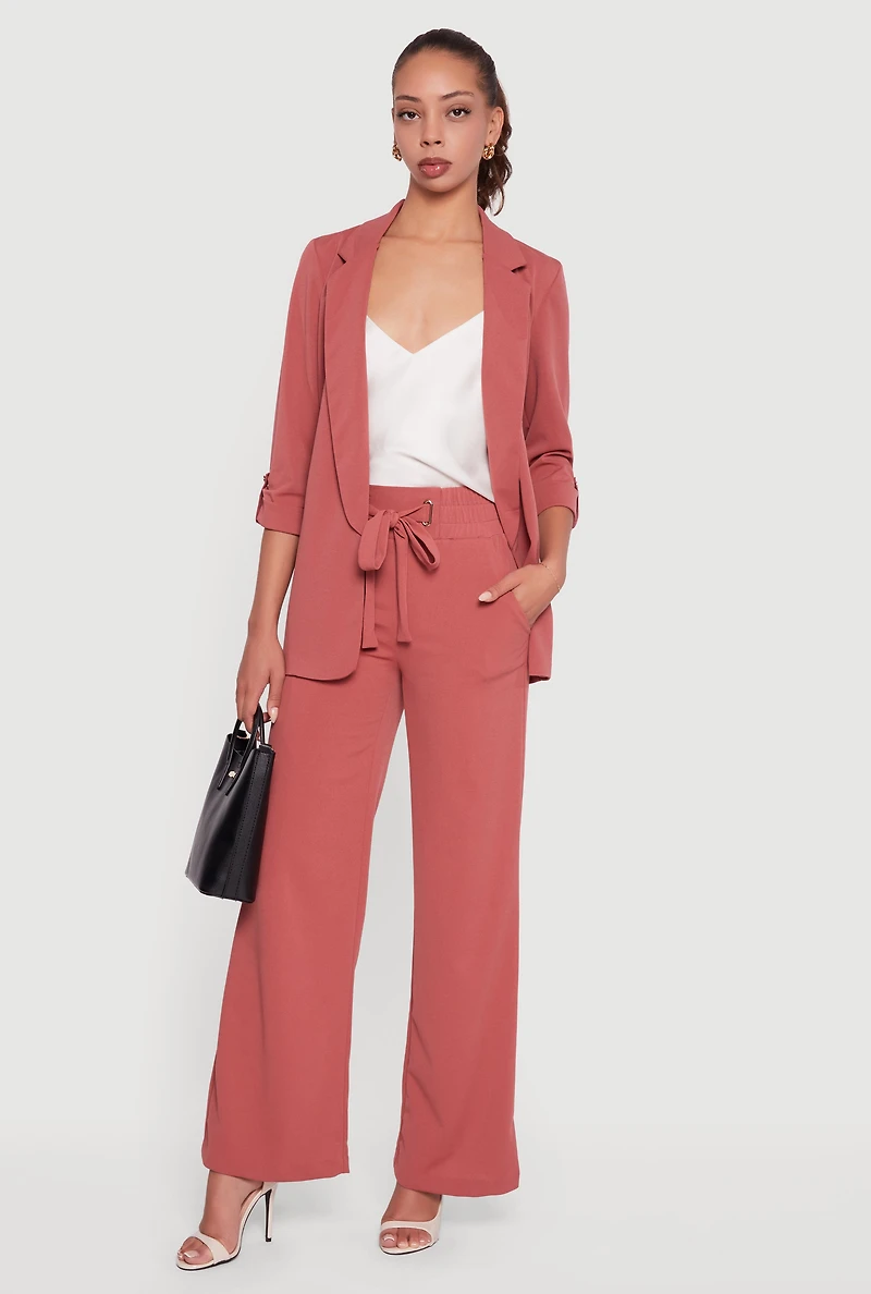 Crepe Knit Faux Drawstring Detail Wide Leg Pants