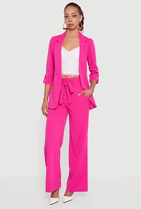 Crepe Knit Faux Drawstring Detail Wide Leg Pants