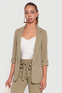 Womens Crepe Knit Tabbed Sleeve Blazer,