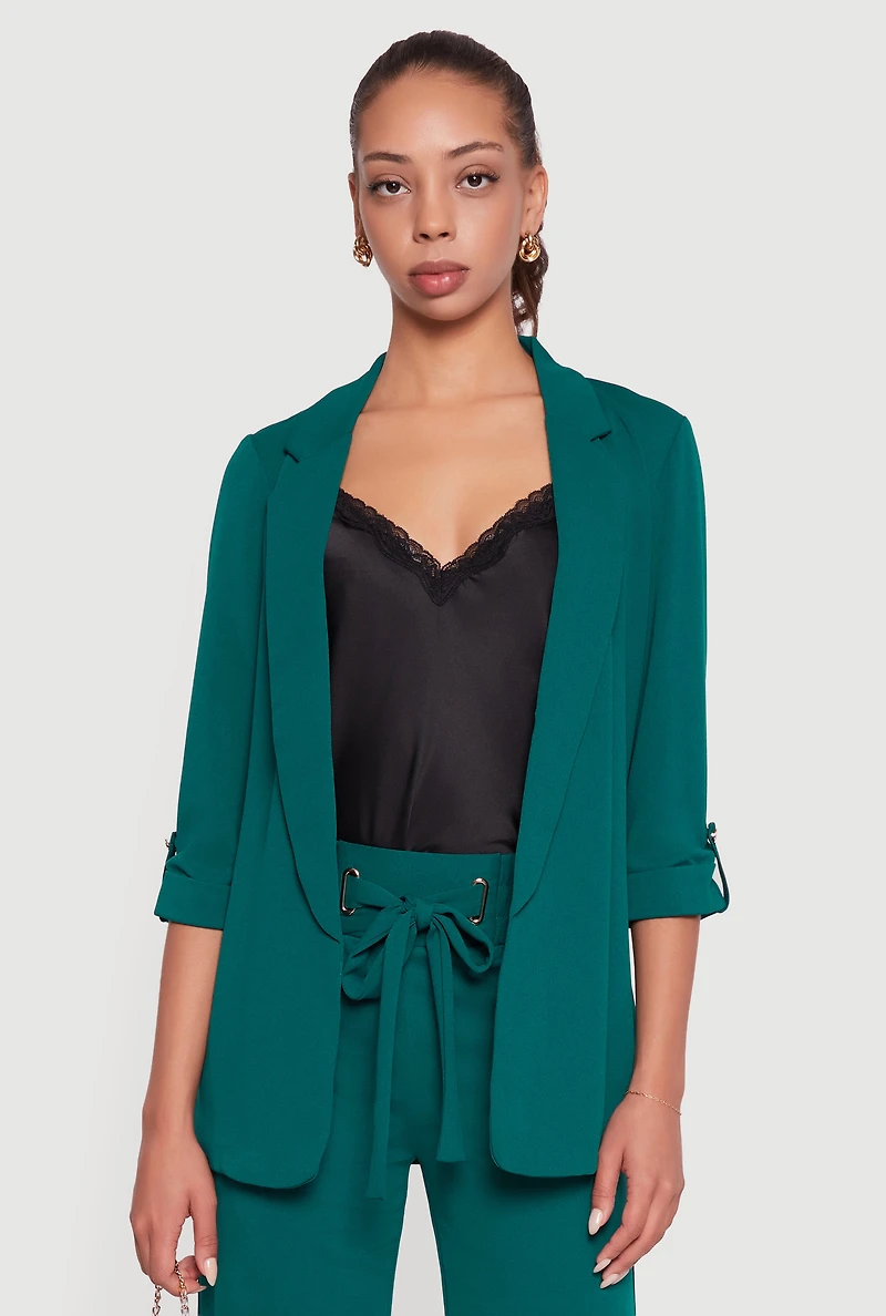 Womens Crepe Knit Tabbed Sleeve Blazer,