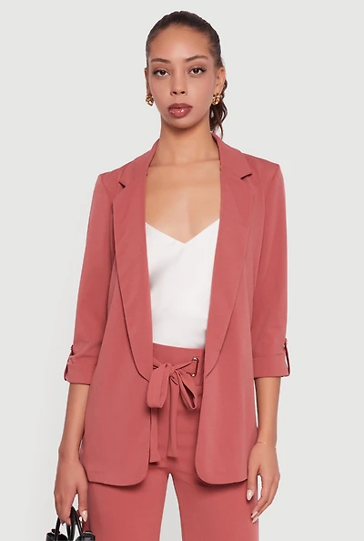 Womens Crepe Knit Tabbed Sleeve Blazer,