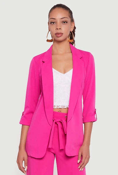 Womens Crepe Knit Tabbed Sleeve Blazer,