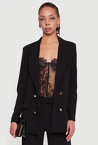 Womens Crepe Knit Metallic Button Detail Open Front Blazer, Black, Size S