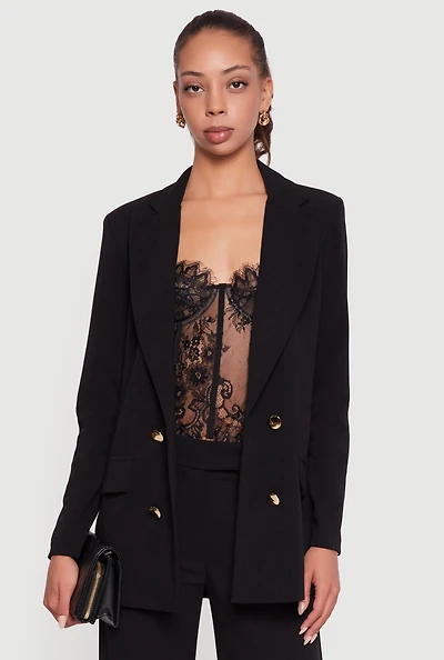 Crepe Knit Metallic Button Detail Open Front Blazer