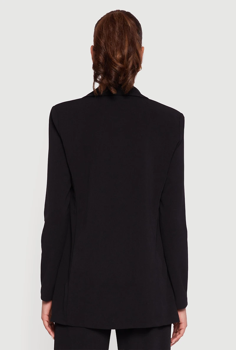 Womens Crepe Knit Metallic Button Detail Open Front Blazer, Black, Size S