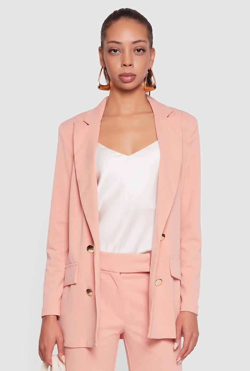 Womens Crepe Knit Metallic Button Detail Open Front Blazer, Pink,