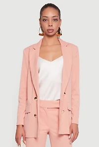Womens Crepe Knit Metallic Button Detail Open Front Blazer, Pink,