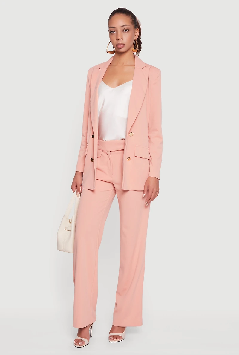 Womens Crepe Knit Metallic Button Detail Open Front Blazer, Pink, Size L