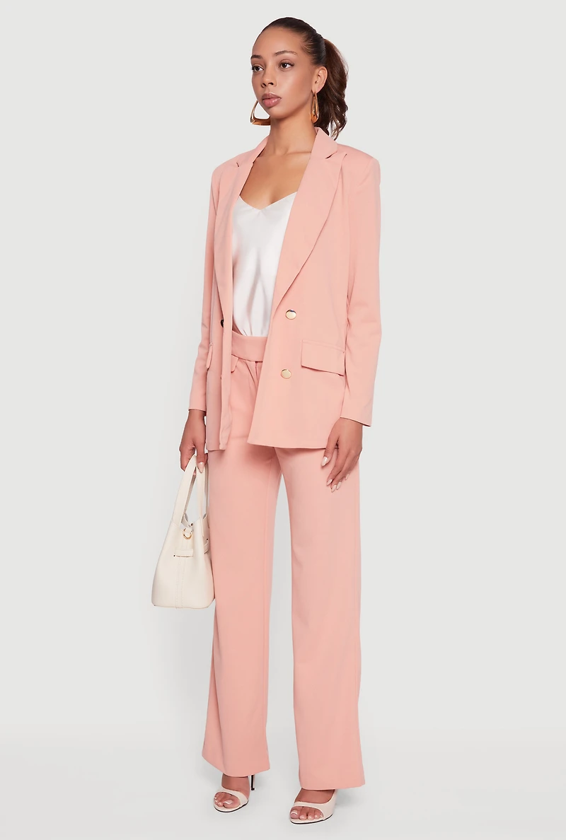 Womens Crepe Knit Metallic Button Detail Open Front Blazer, Pink,