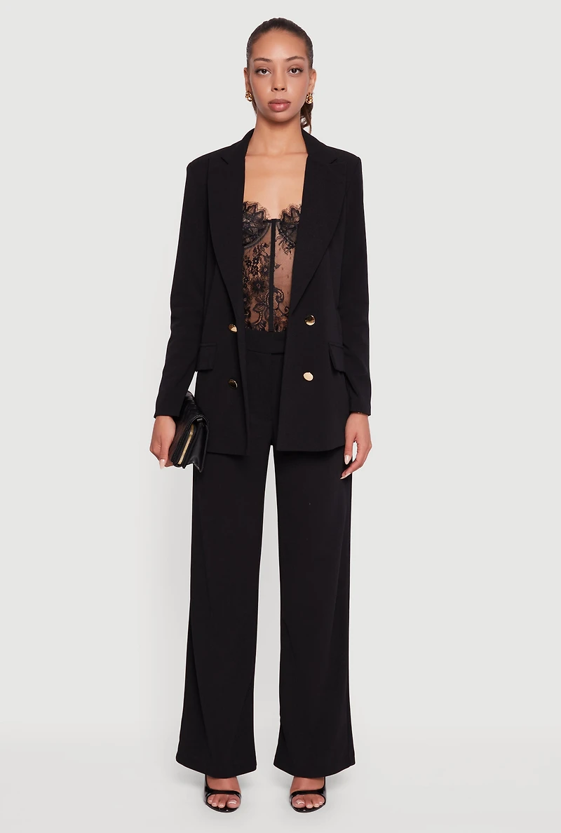 Womens Crepe Knit Pleated Straight Leg Pants, Black, Size L