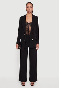 Womens Crepe Knit Pleated Straight Leg Pants, Black, Size L