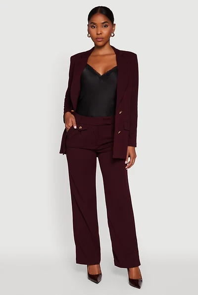 Womens Crepe Knit Pleated Straight Leg Pants, Burgundy, Size M