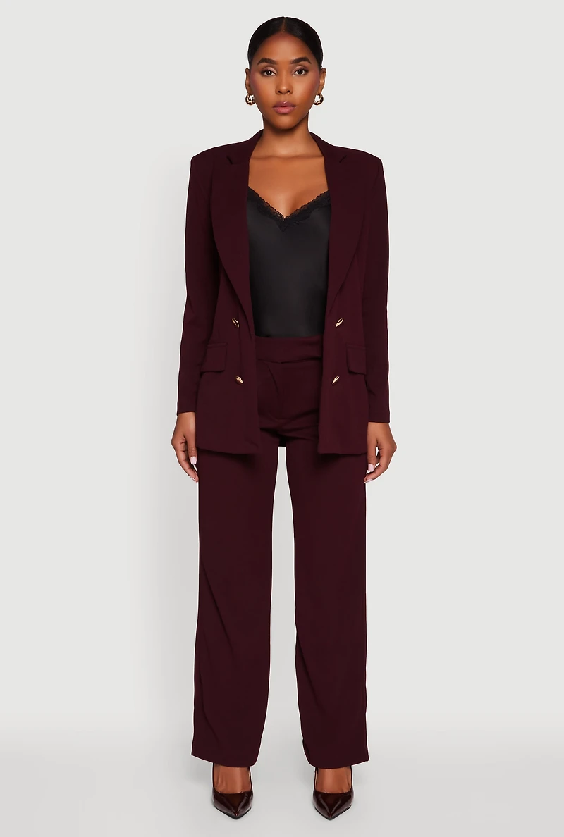 Womens Crepe Knit Pleated Straight Leg Pants, Burgundy, Size M