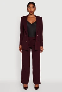 Womens Crepe Knit Pleated Straight Leg Pants, Burgundy, Size M
