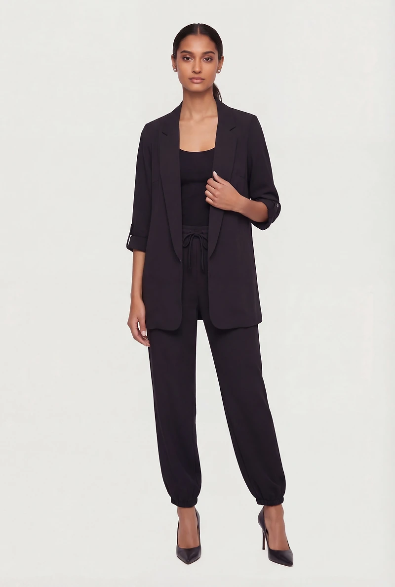 Tab Sleeve Open Front Crepe Knit Blazer