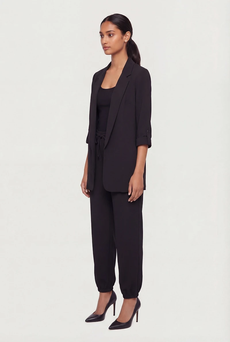 Tab Sleeve Open Front Crepe Knit Blazer
