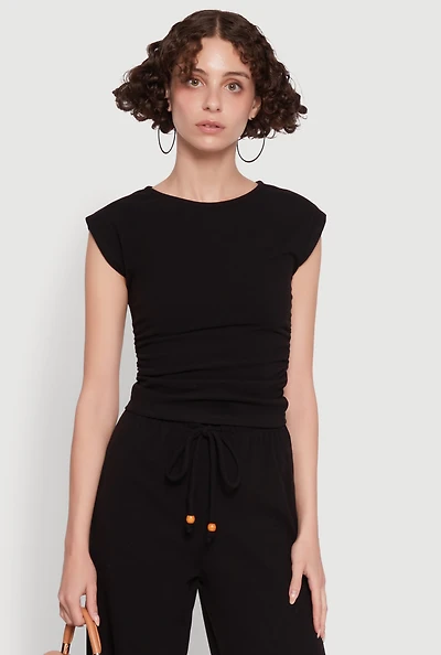 Womens Haute Monde Brushed Knit Ruched Side Cap Sleeve Blouse, Black, Size M