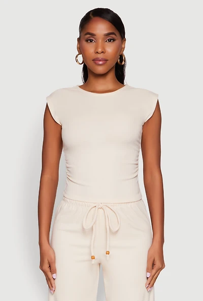 Womens Haute Monde Brushed Knit Ruched Side Cap Sleeve Blouse, Beige, Size L