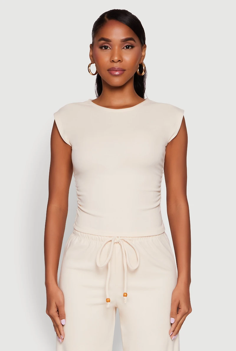 Womens Haute Monde Brushed Knit Ruched Side Cap Sleeve Blouse, Beige,