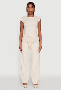 Womens Haute Monde Brushed Knit Ruched Side Cap Sleeve Blouse, Beige,