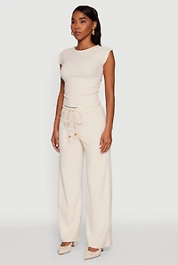 Womens Haute Monde Brushed Knit Ruched Side Cap Sleeve Blouse, Beige, Size L