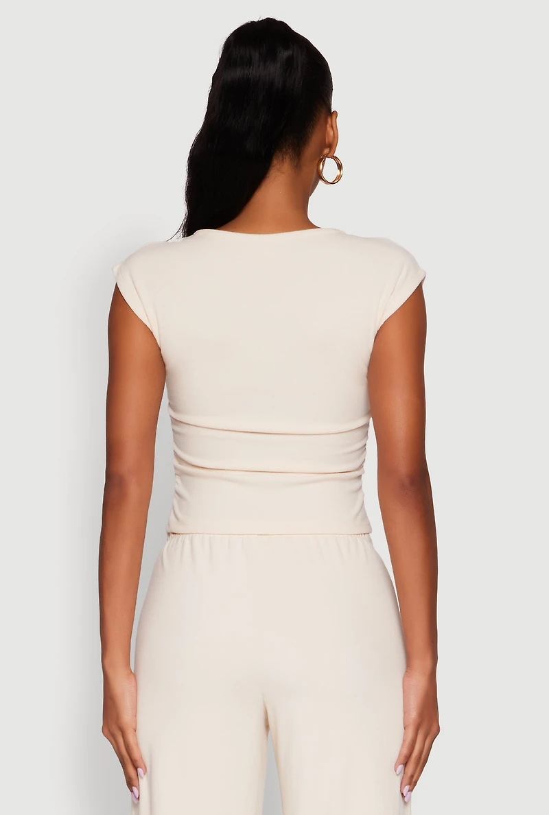 Womens Haute Monde Brushed Knit Ruched Side Cap Sleeve Blouse, Beige,