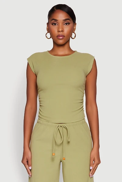 Haute Monde Brushed Knit Ruched Side Cap Sleeve Blouse