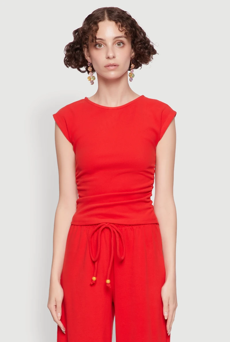 Womens Haute Monde Brushed Knit Ruched Side Cap Sleeve Blouse, Red, Size L