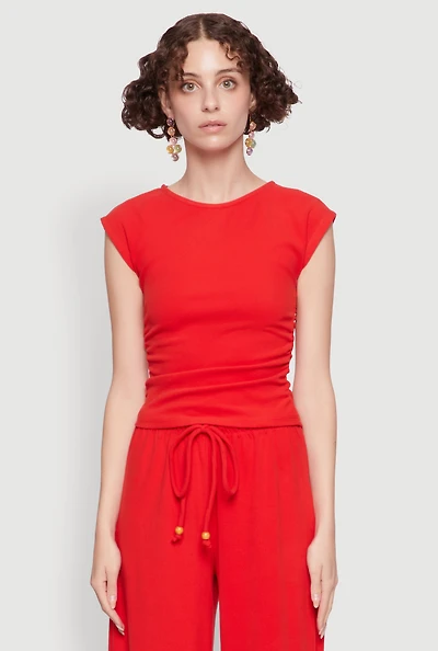 Womens Haute Monde Brushed Knit Ruched Side Cap Sleeve Blouse, Red, Size L