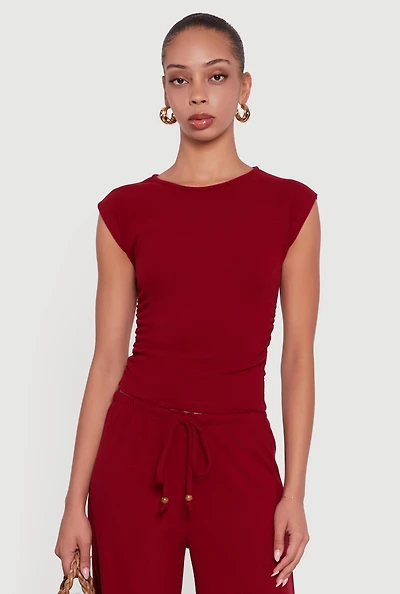 Womens Haute Monde Brushed Knit Ruched Side Cap Sleeve Blouse, Burgundy, Size M