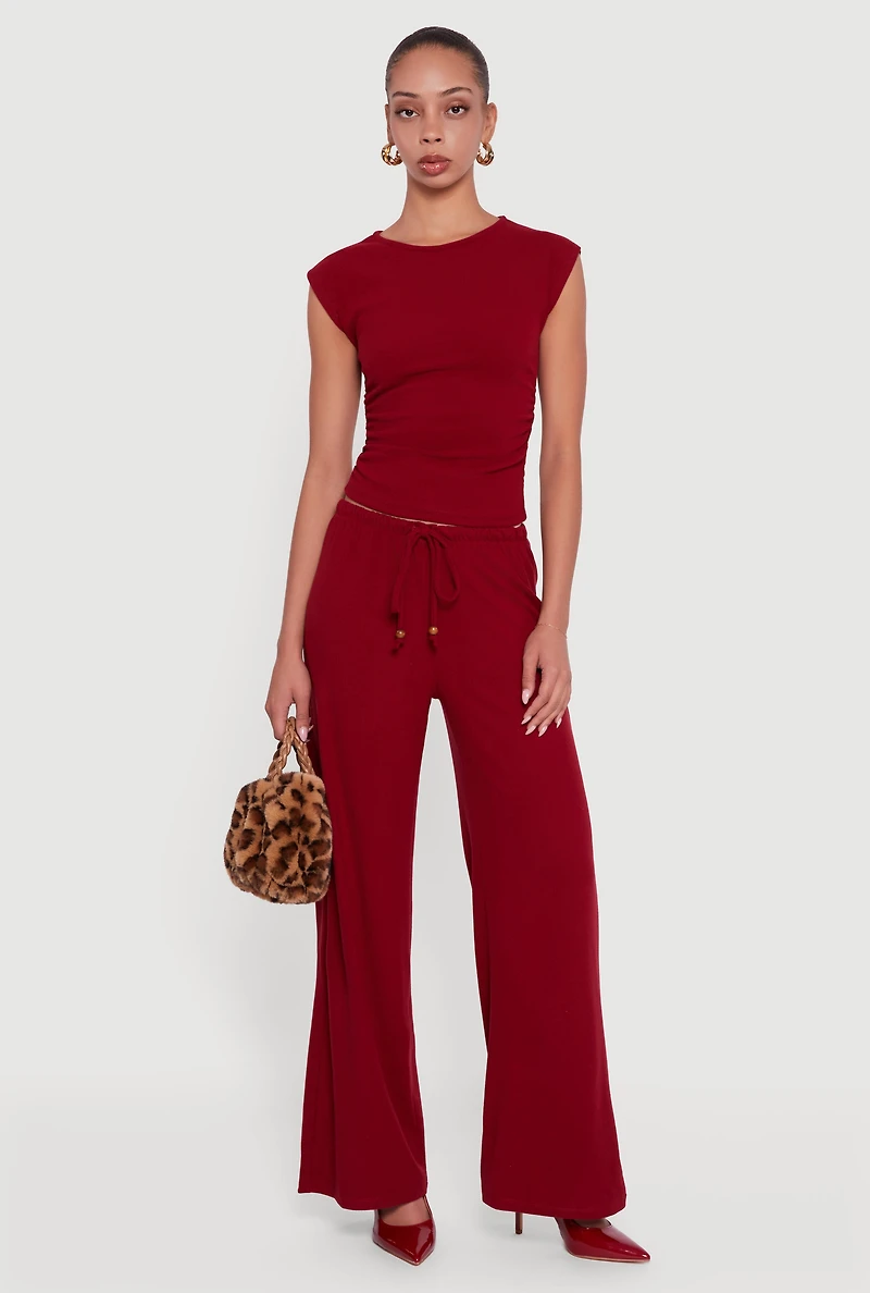 Womens Haute Monde Brushed Knit Ruched Side Cap Sleeve Blouse, Burgundy, Size M